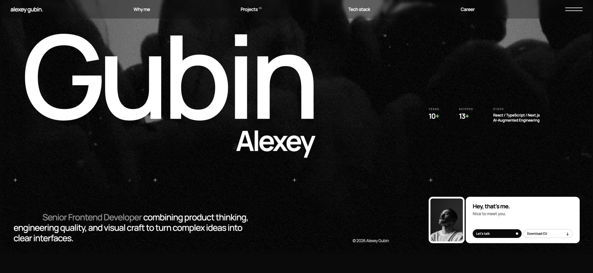 Alexey Gubin portfolio hero with career highlights and contact card