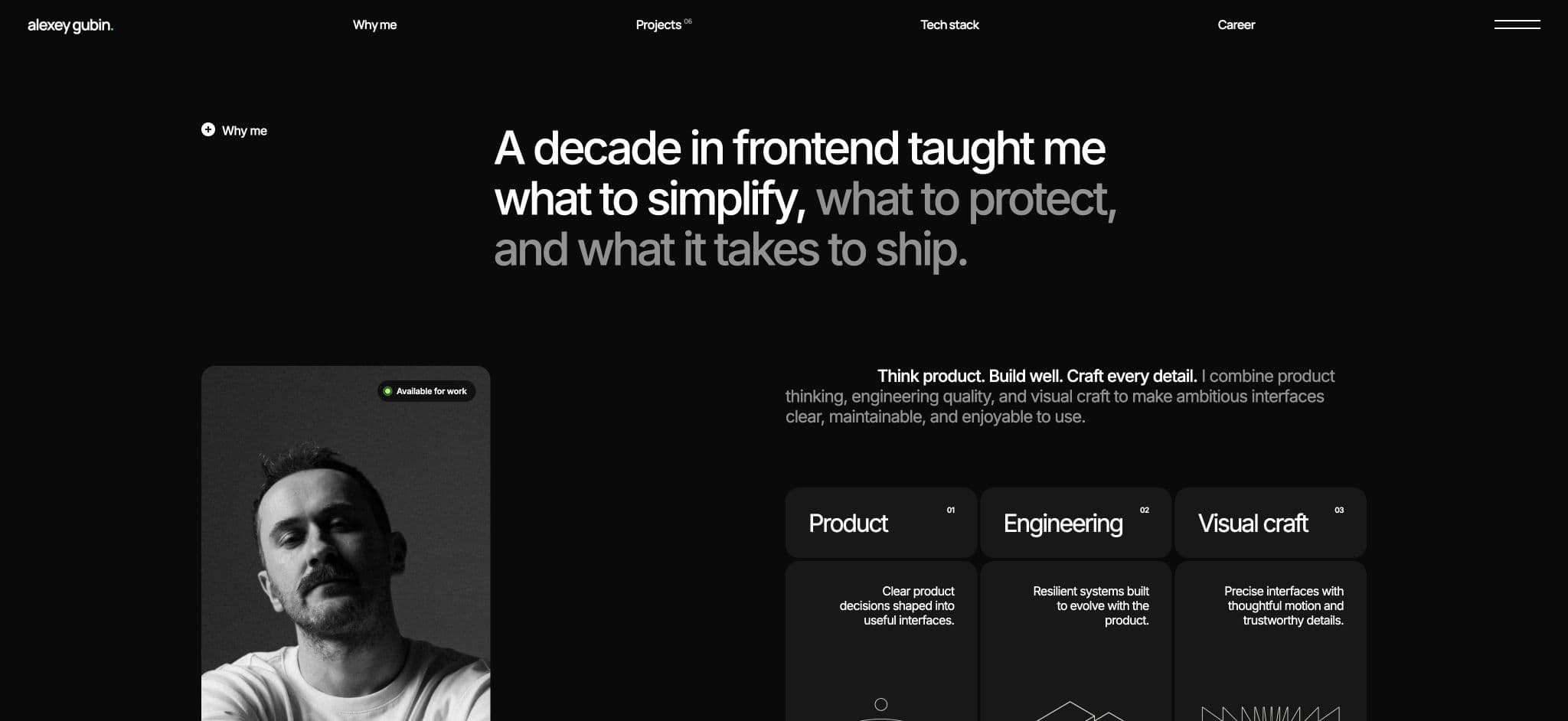 Why me section connecting product thinking, engineering, and visual craft