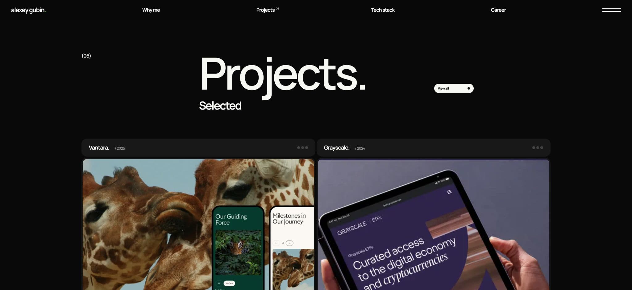 Selected projects section with Vantara and Grayscale case studies