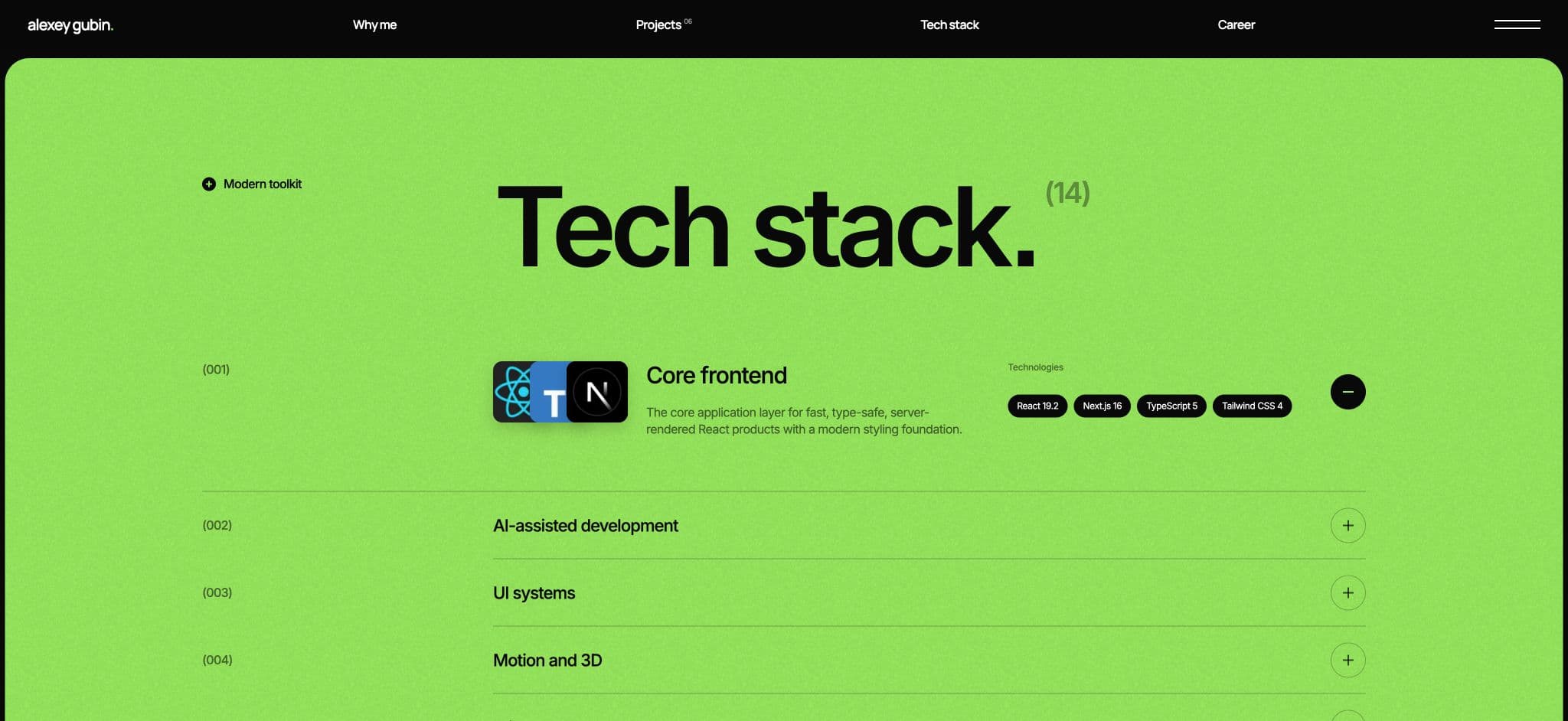 Expanded technology stack section with frontend tools and capabilities