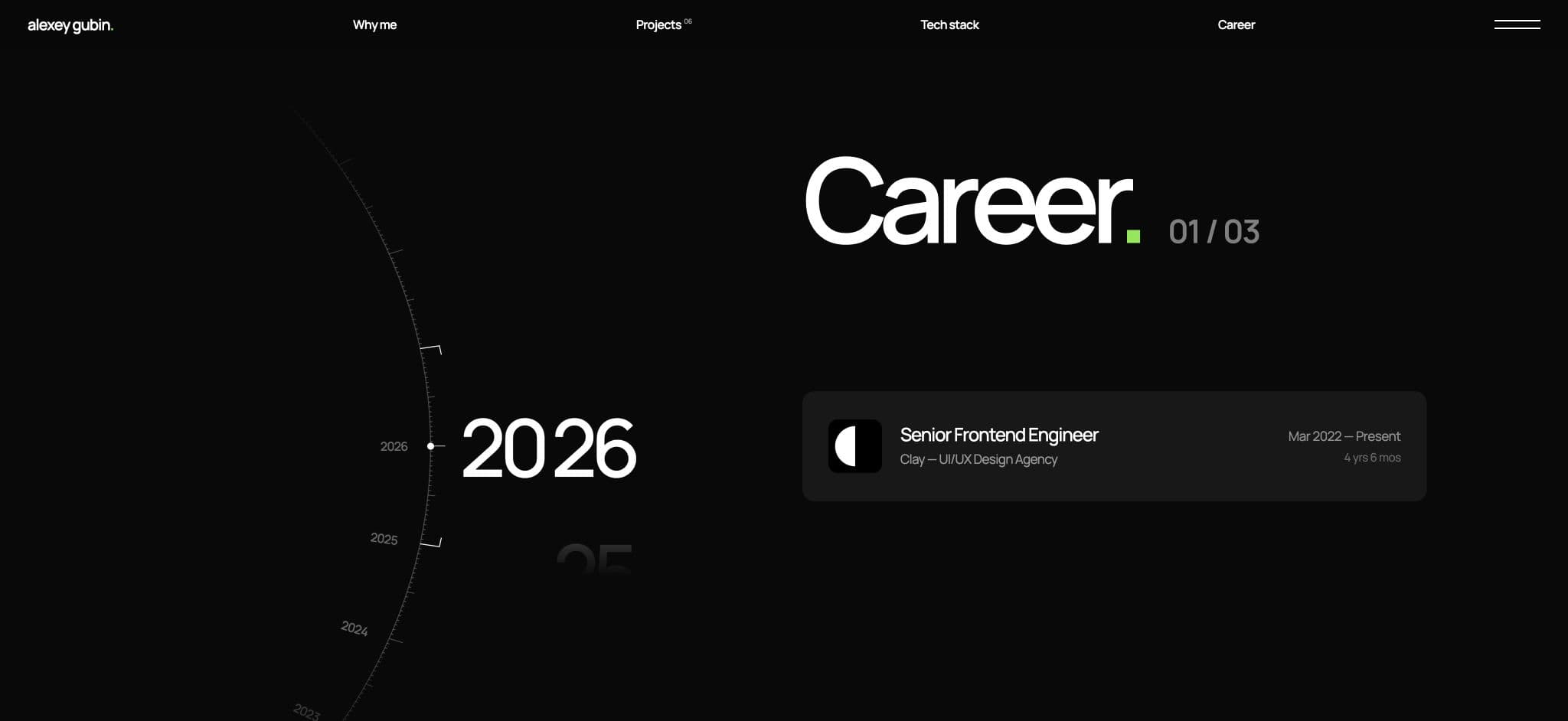 Interactive career timeline showing the current senior frontend role
