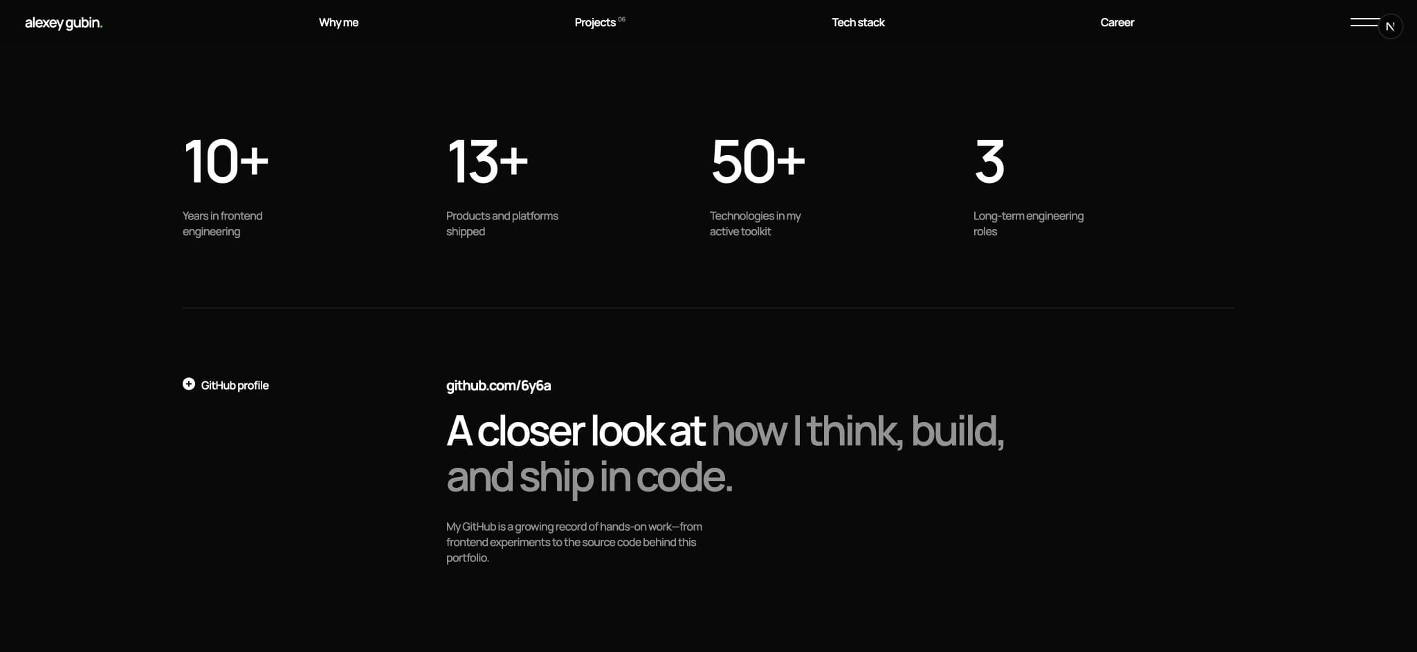 Engineering experience statistics and GitHub profile section