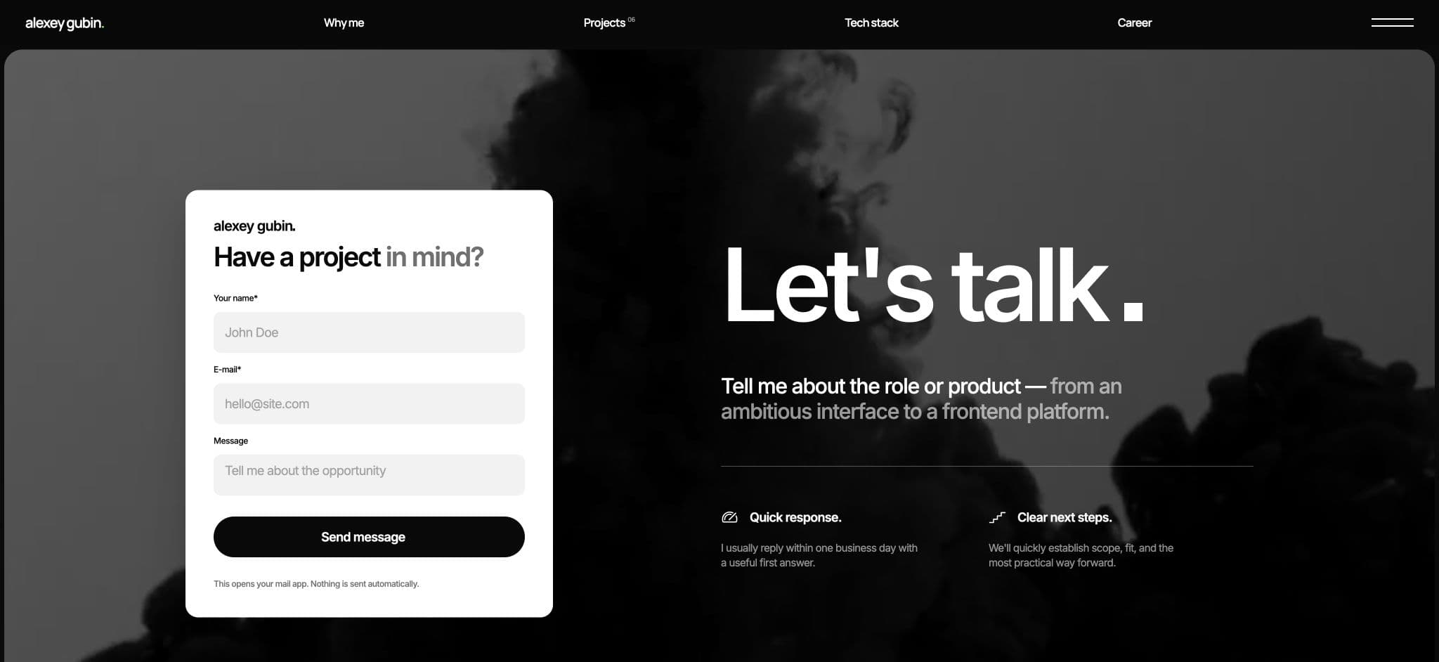 Portfolio contact section with project enquiry form and animated backdrop