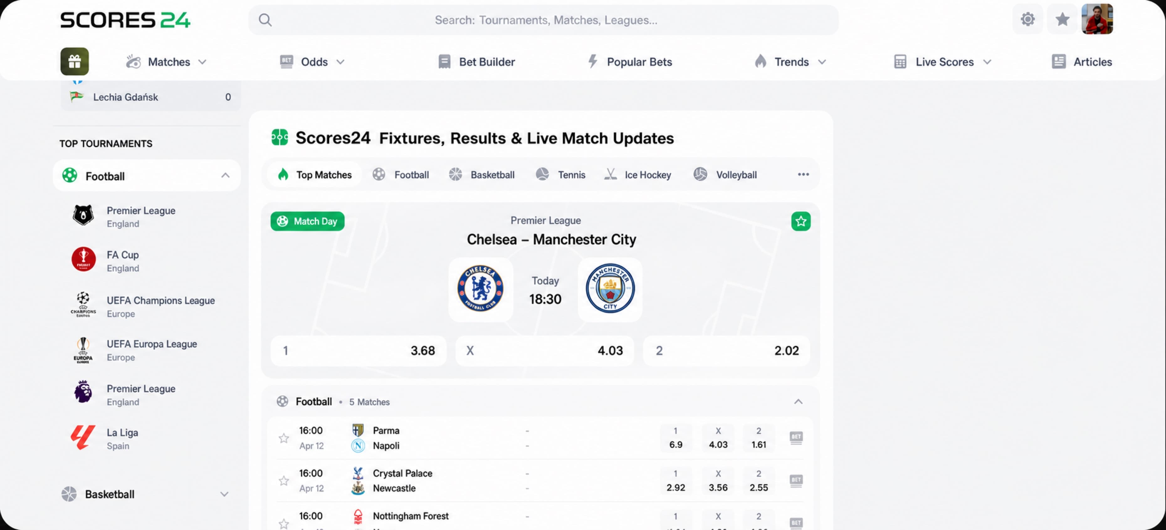 Scores24 match schedule and live odds interface without promotional offers