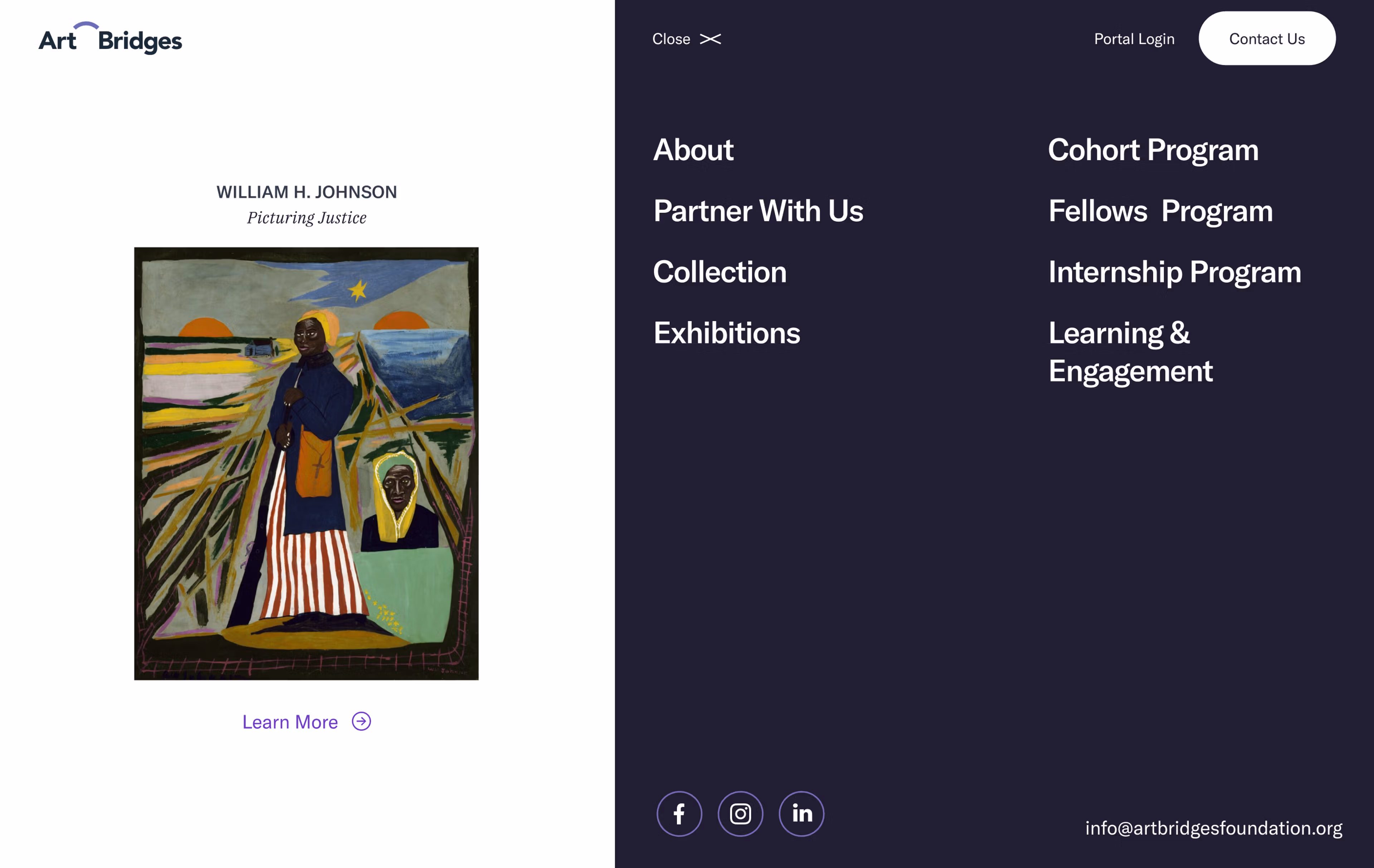 Art Bridges navigation shown alongside a featured artwork