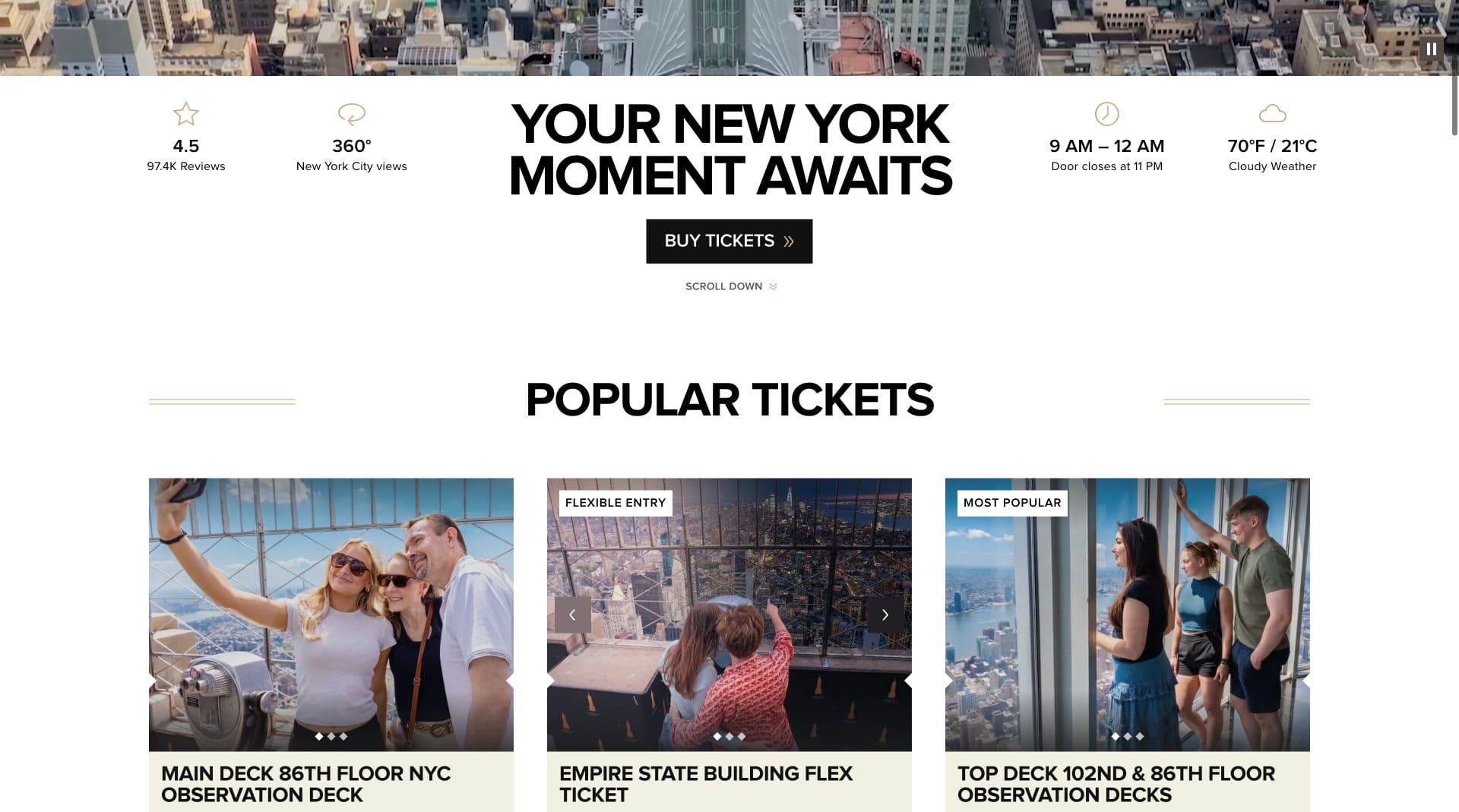Popular Empire State Building ticket products presented on the homepage