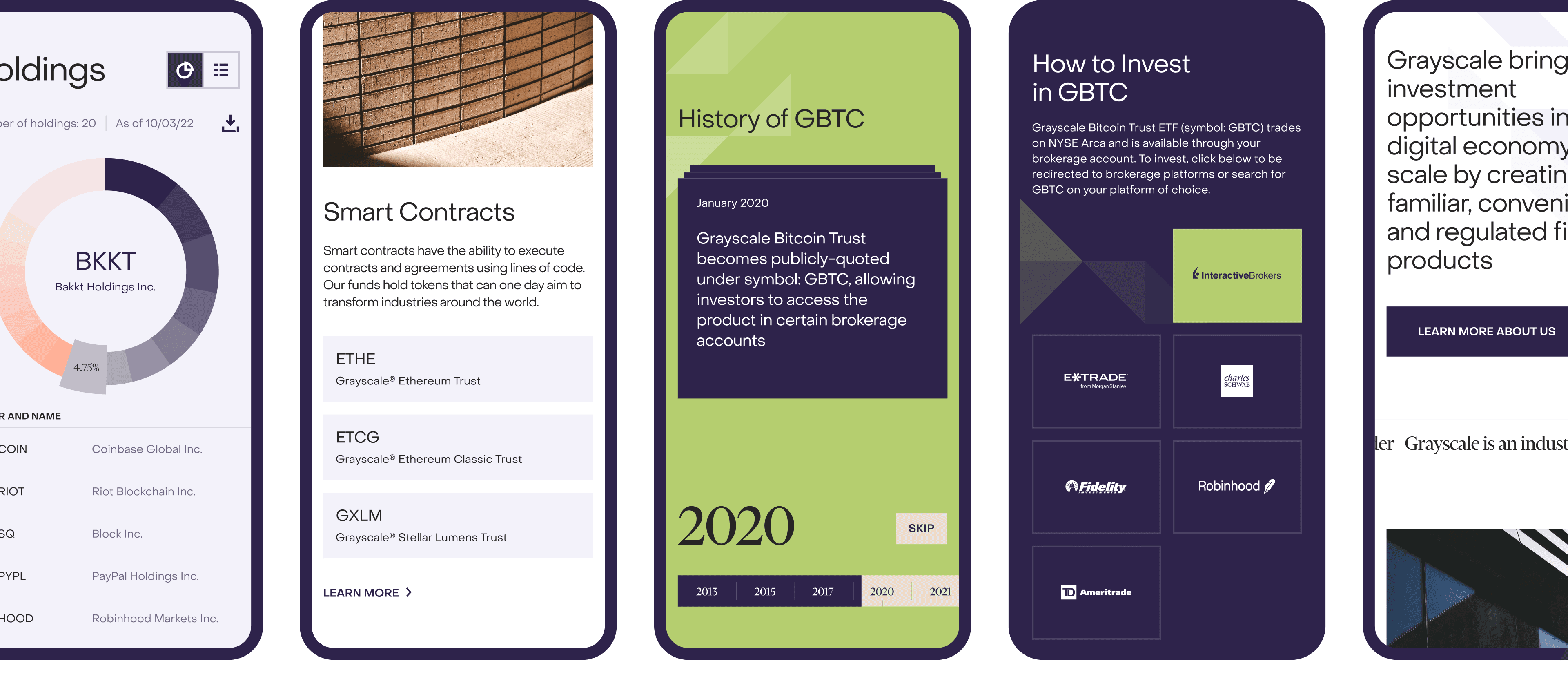 Grayscale mobile product pages with a pie chart, fund history, and investment content