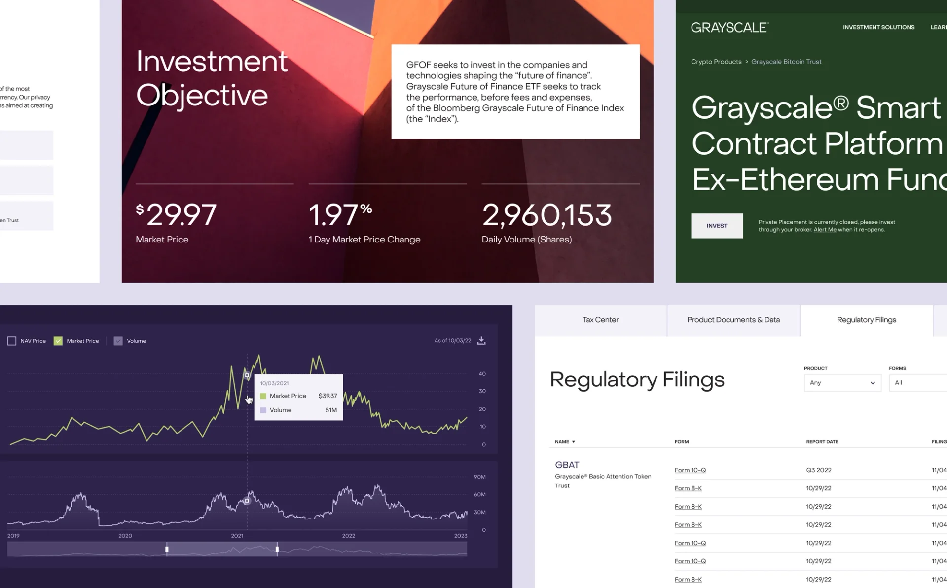 Grayscale product pages, market data, chart, and regulatory filings interface