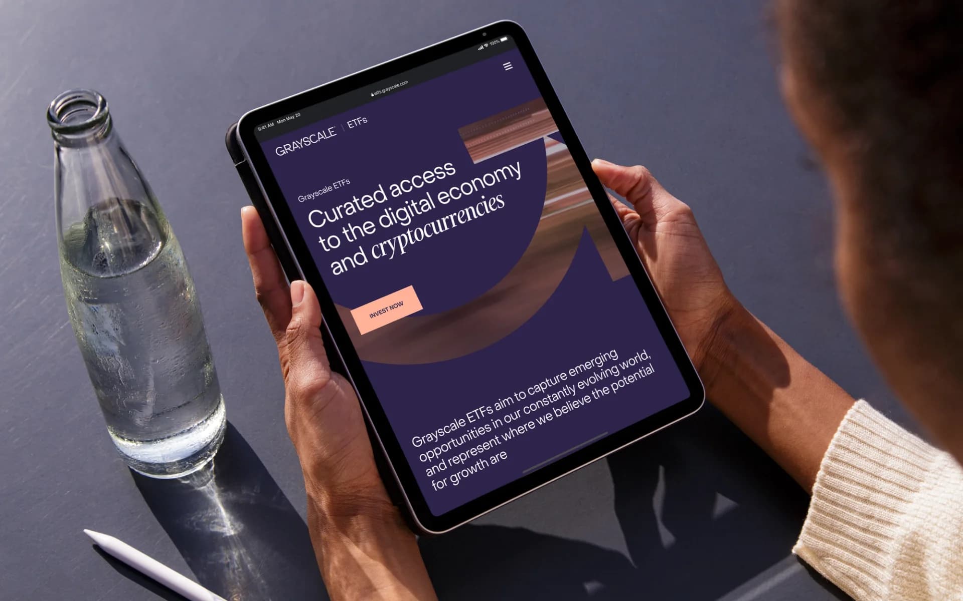 Grayscale ETF experience displayed on a tablet