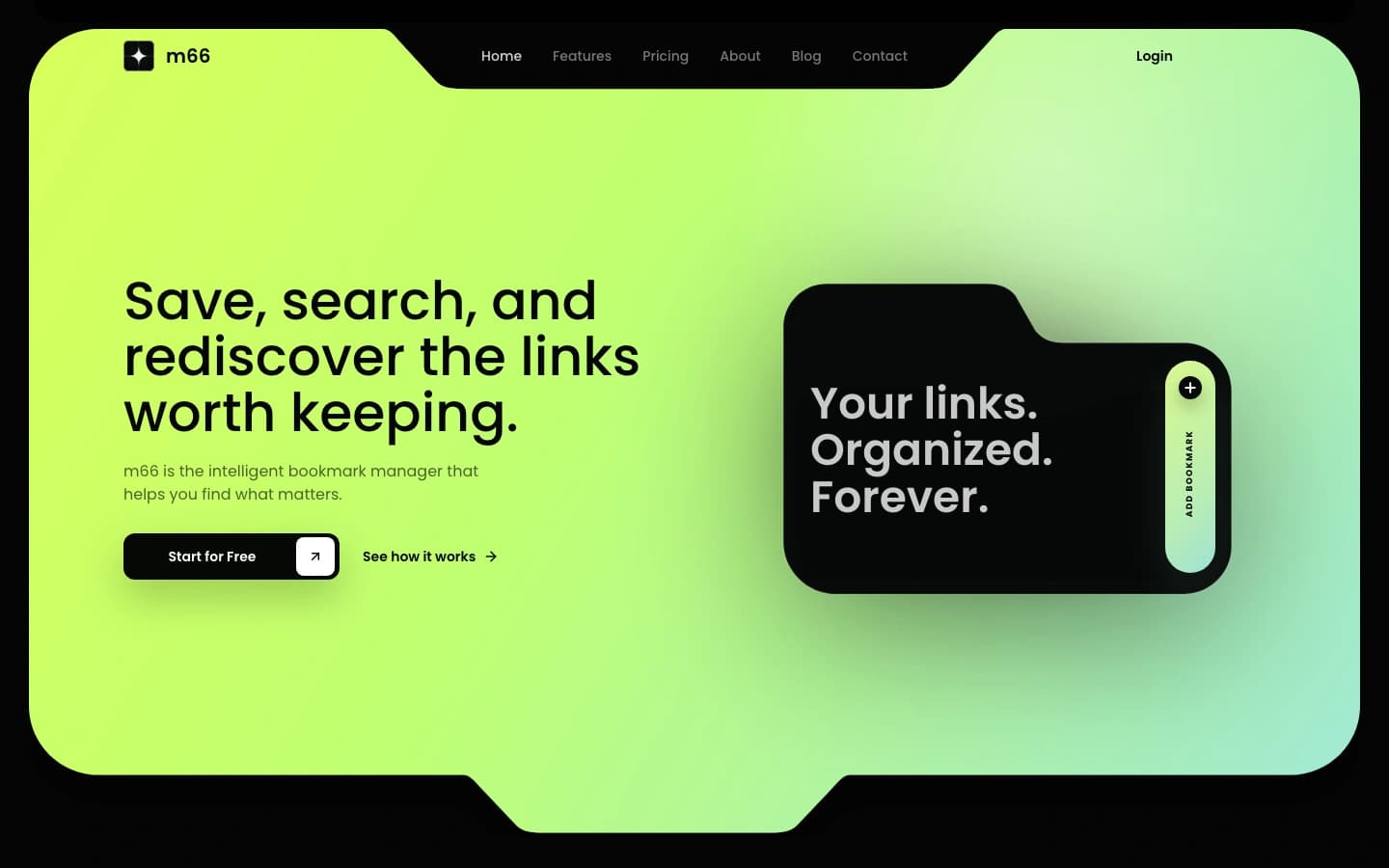 m66 homepage with a lime gradient and bookmark graphic