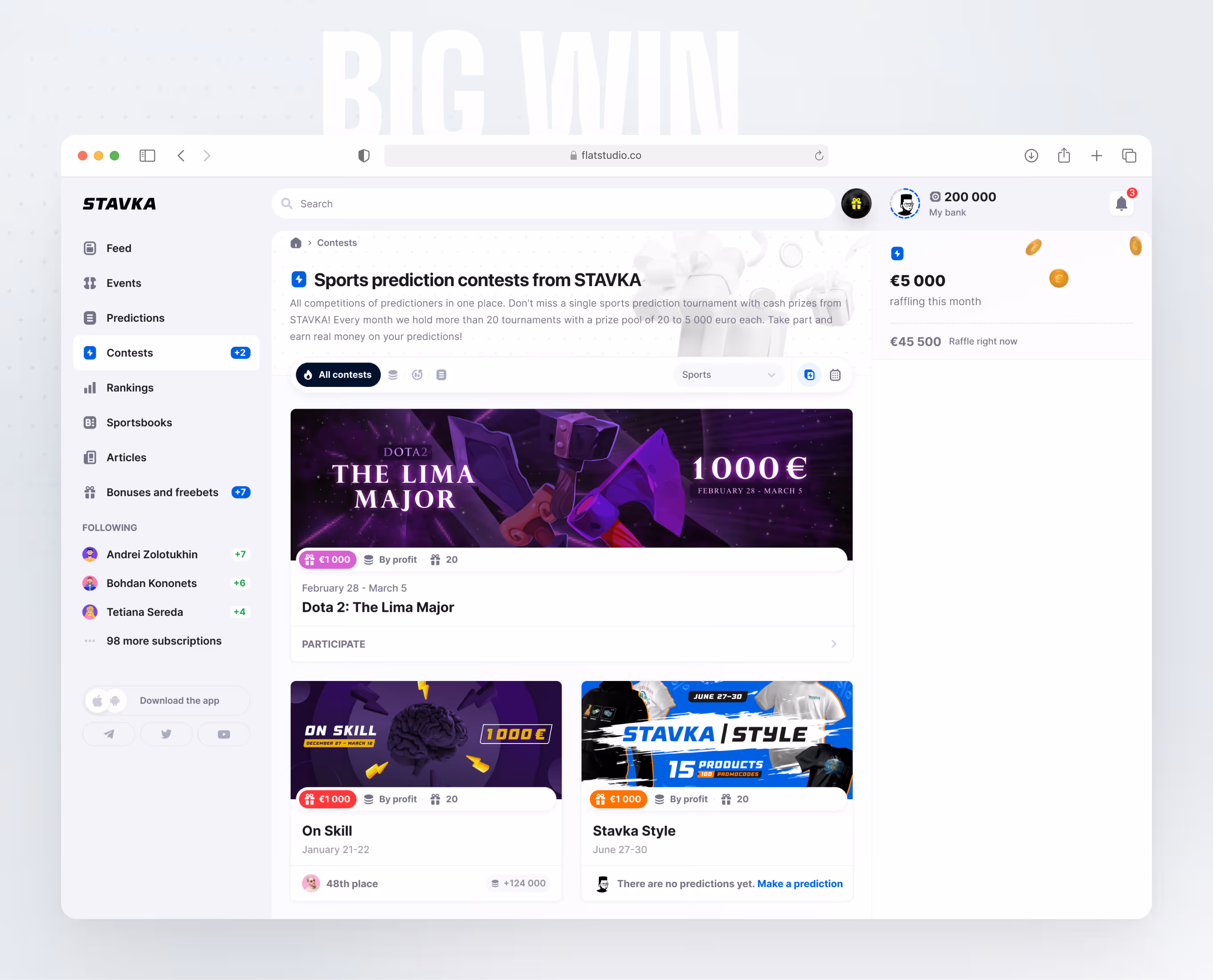 Stavka contest directory with prize pools, participants, and sport filters