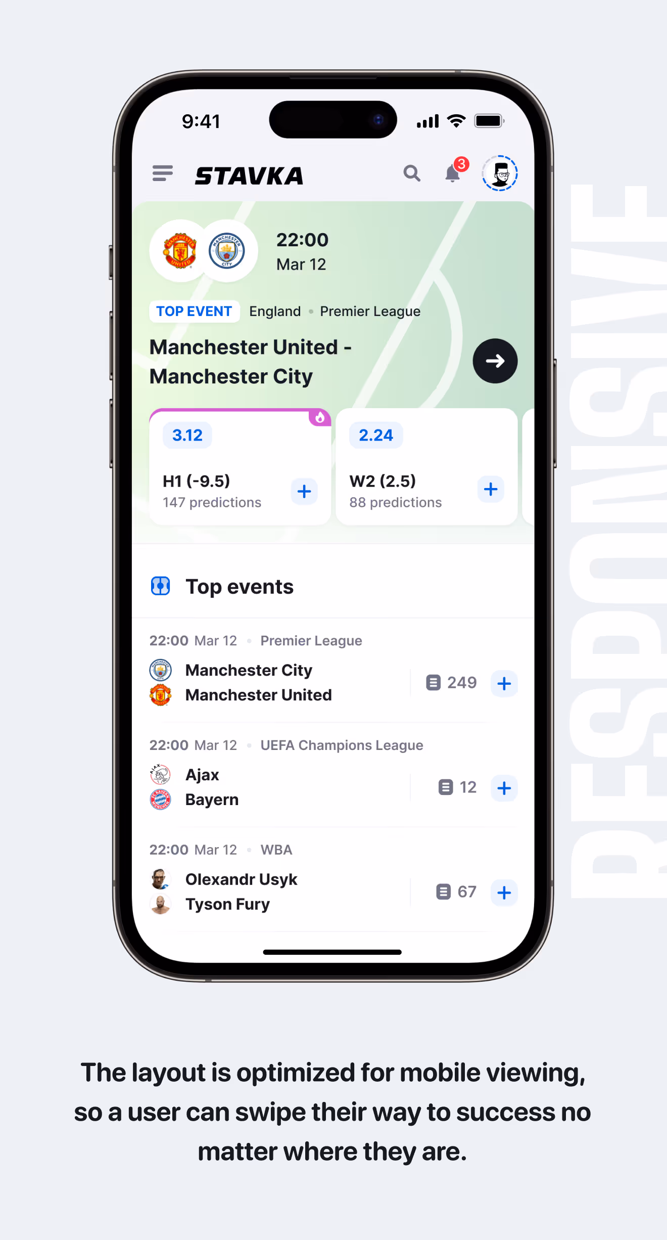 Responsive Stavka event lists and expert ranking screens on mobile