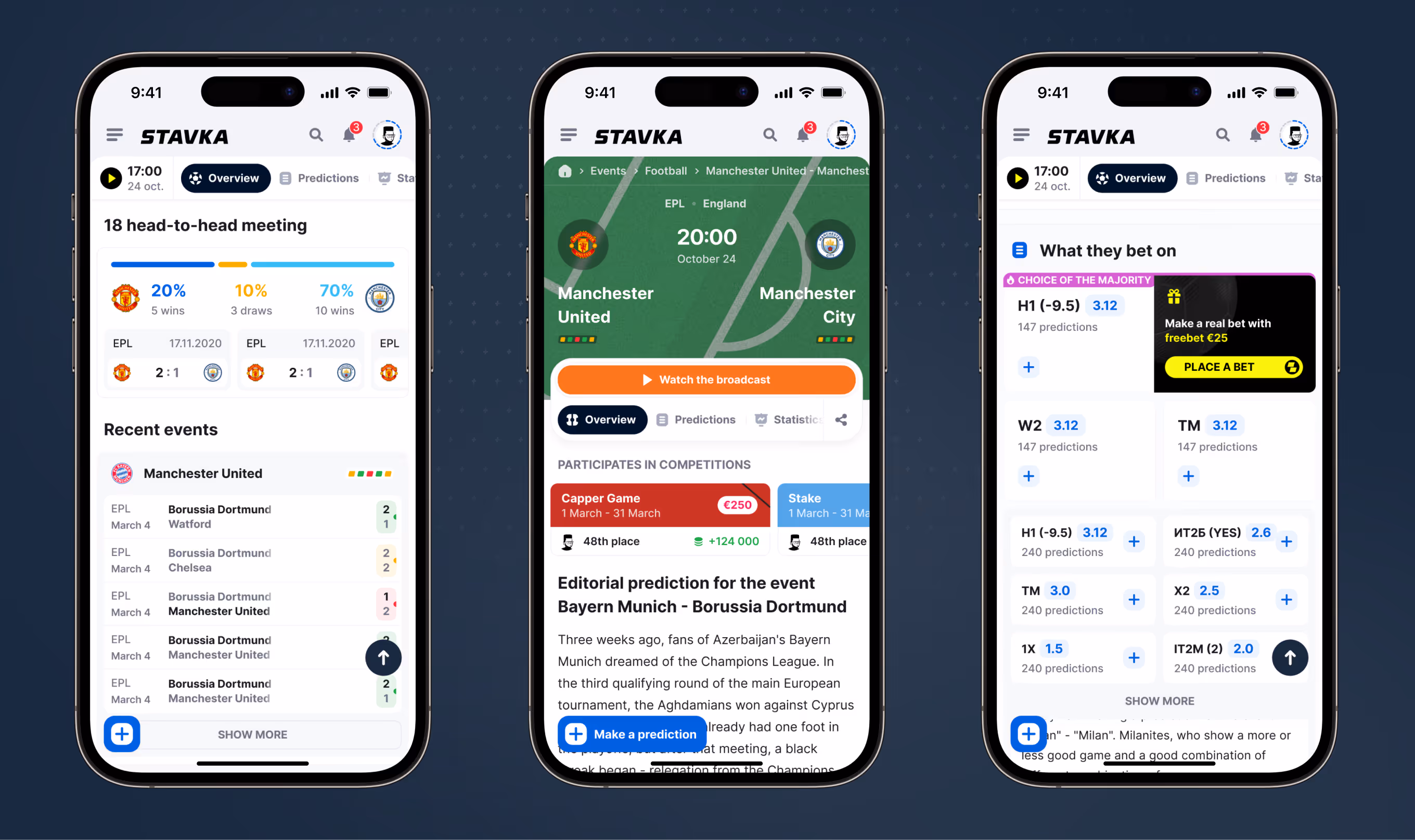 Stavka mobile match center with head-to-head data, broadcast access, and bet distribution
