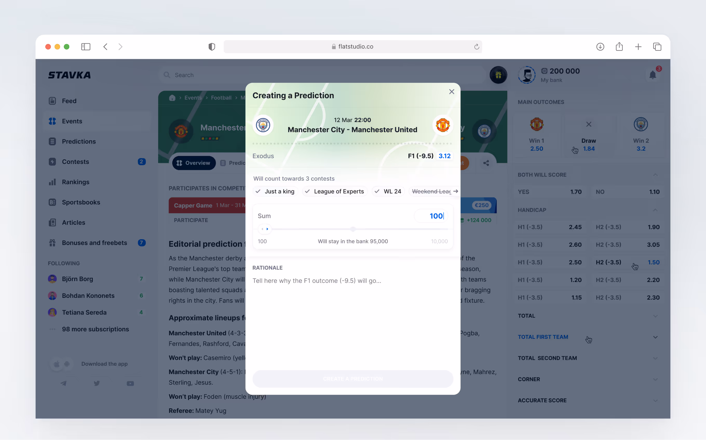 Prediction creation flow with match context, stake controls, contest selection, and explanation field