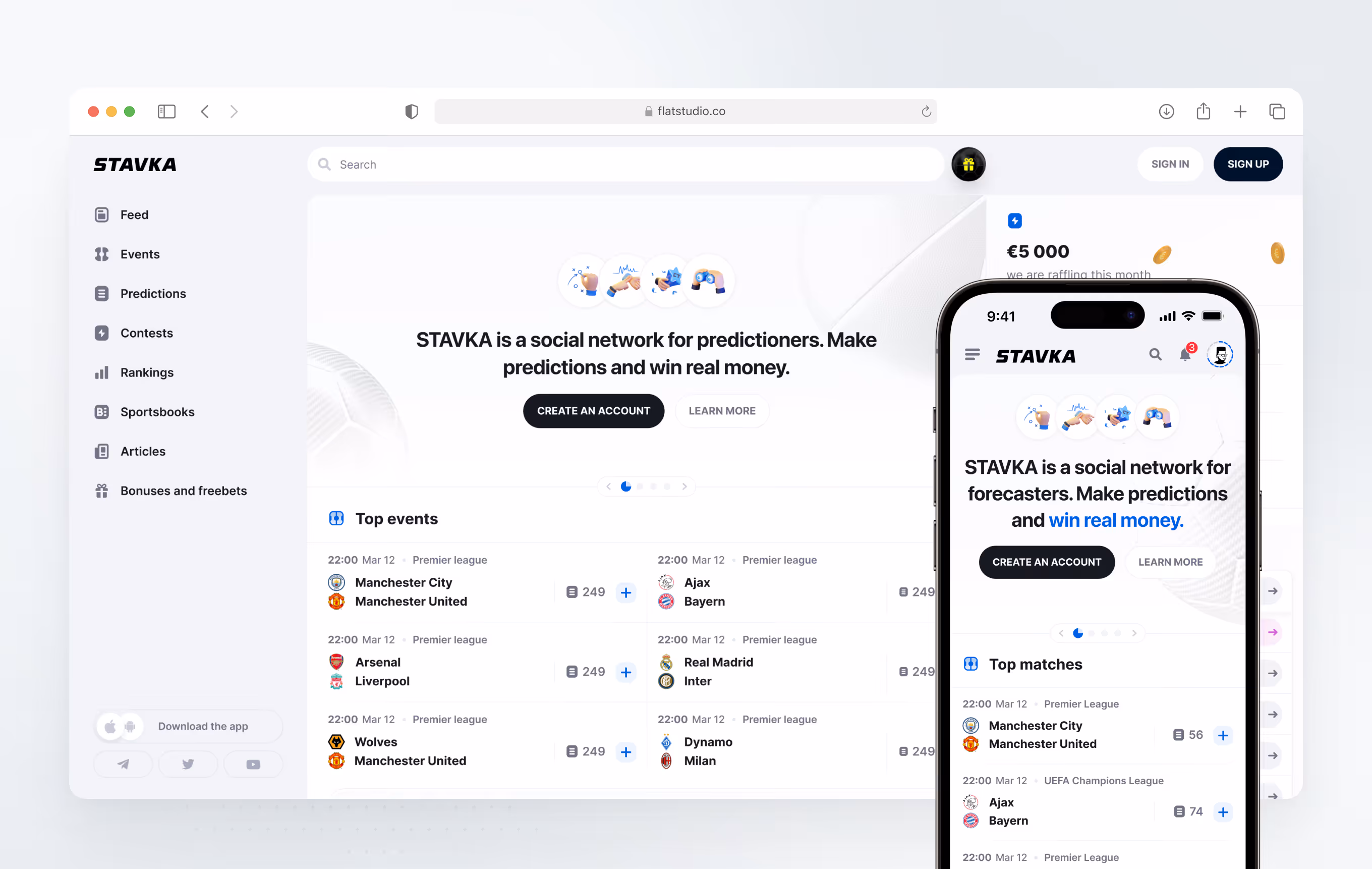 Stavka sports prediction platform across desktop and mobile screens